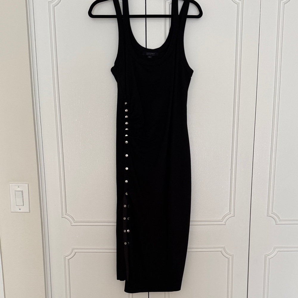 All Saints Black Midi Tank Dress with Silver Snap Buttons